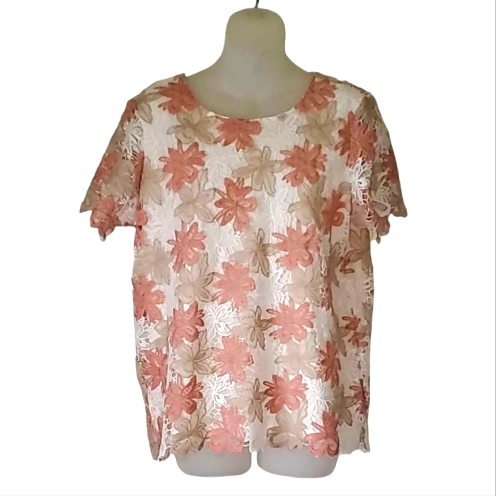 ALFRED DUNNER Pink White & Beige Embroidered Lace Short Sleeve Top Small